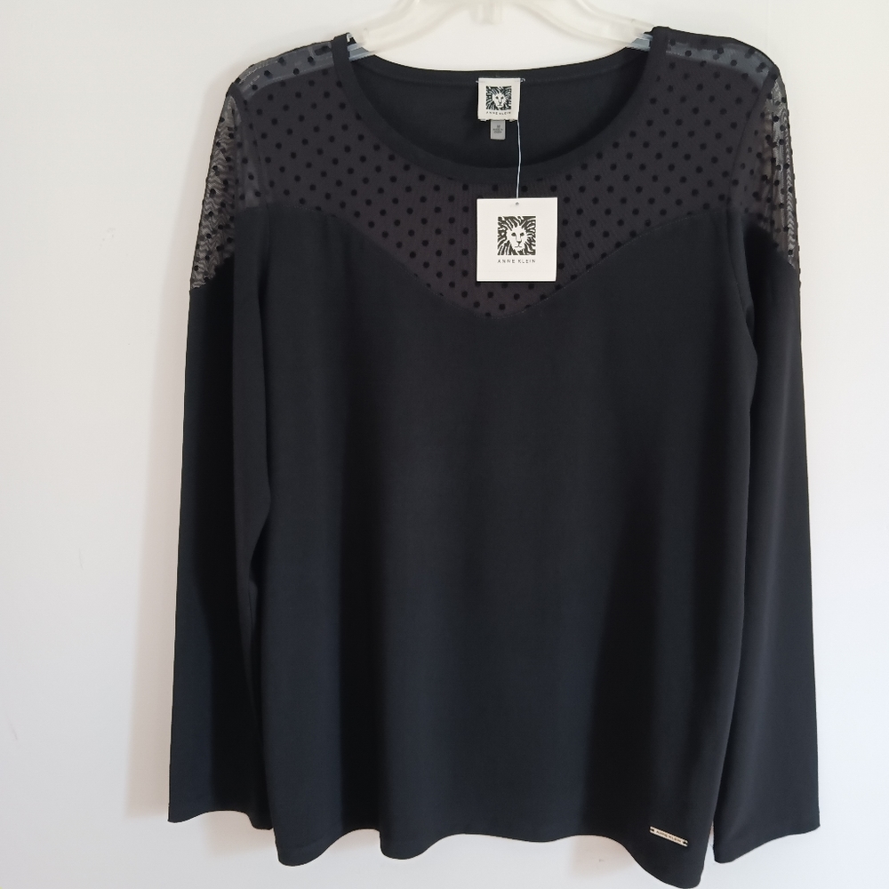 NWT Anne Klein black top with polka dot sheer front yolk, medium